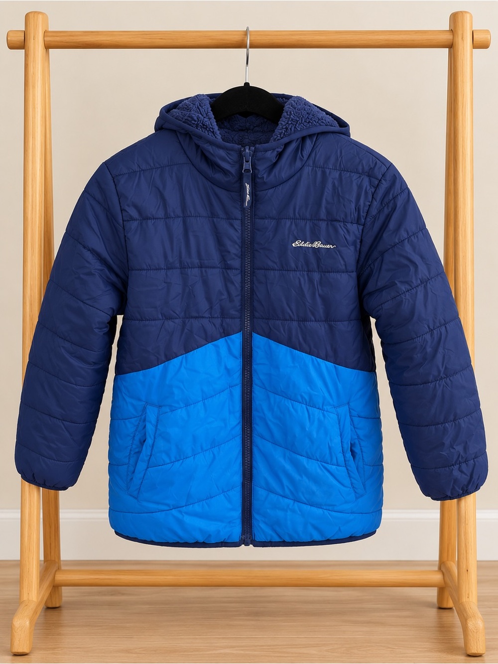 Eddie Bauer Kids' Reversible Two-Tone Navy and Bright Blue Hooded Puffer
